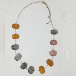 Boho Rose Quartz Labradorite Gems Station Necklace Silver Tone Paperclip Chain